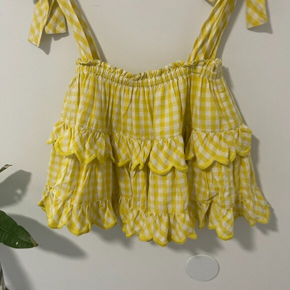 Innika Choo Yellow Gingham Print Flowy Scallop Cropped Tank One Size - Picture 2 of 8